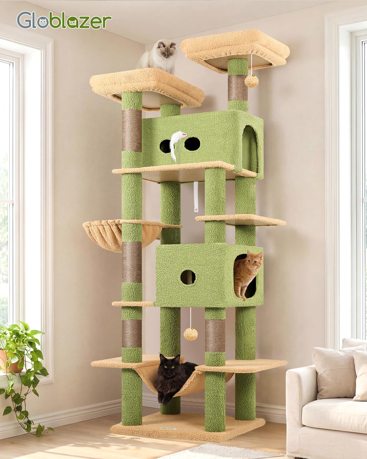 Globlazer Árbol Rascador Cactus Verde para Gatos XXL 204 cm Alto con 2 Grande Nidos 50*30*30CM, 2 Acolchada Plataforma, Hamaca, Cesta, Juguetes, Estable Rascador para 3-5 Gatos Adultos (S80B, Verde)