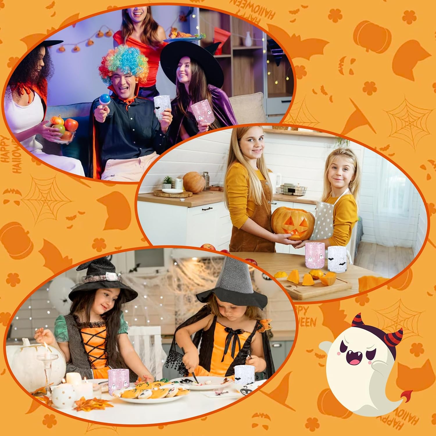 2 Pcs Halloween Icon Glass Cups - 14 oz Halloween Icon Juice Glasses, Ghost, Bat Icon Juice Glasses Double Old Fashioned Handblown Wine Glasses Drinking Cups - Ideal for Party Supplies