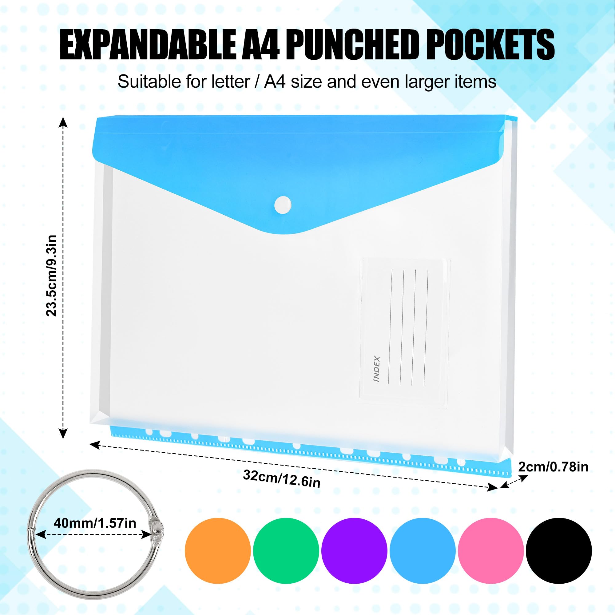 A4 Punched Pockets Plastic Wallets, Quetiyisit 24Pcs File Folders Holders Expandable Transparent Pocket File Jackets for Document Paperwork Clear Envelope with Label Pocket Snap Button Ring Binder - Image 3