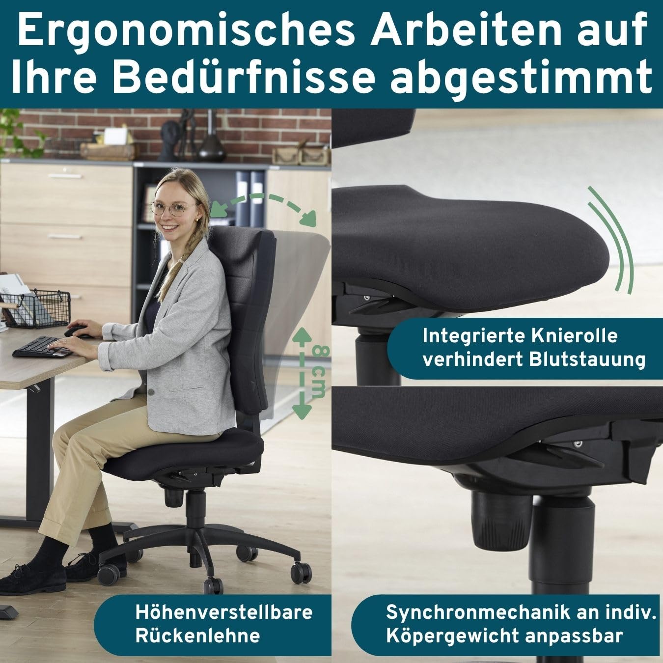 Bürostuhl Ergonomisch Ohne Armlehnen – Synchronmechanik, Lordosenstütze, Höhenverstellbar, Anthrazit
