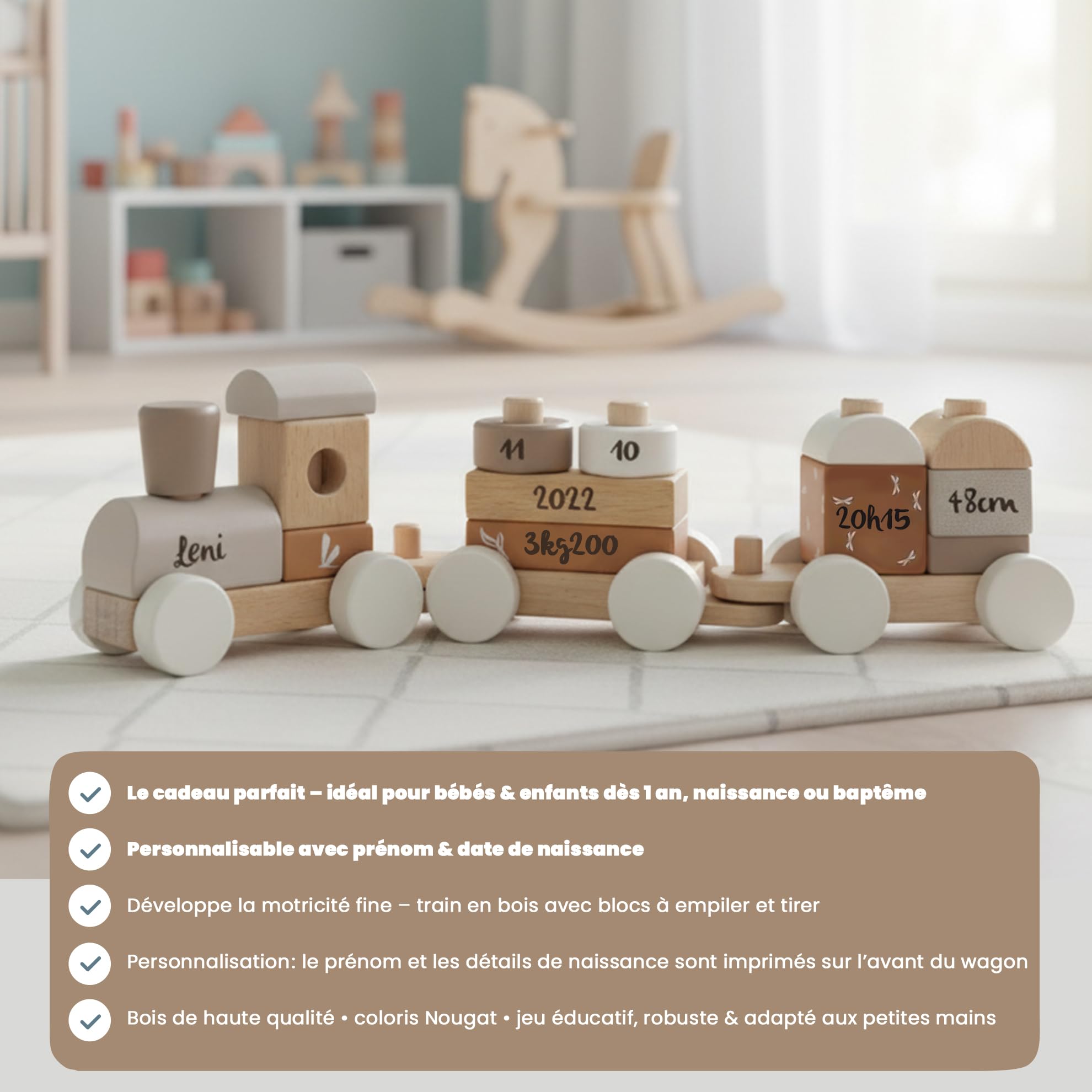 Personnalisable Train d’empilage en Bois (Nougat) – 14 pièces & hêtre FSC – motricité Fine & Formes – pour Enfants dès 18 Mois – personnalisé avec prénom & données de Naissance – Label Label