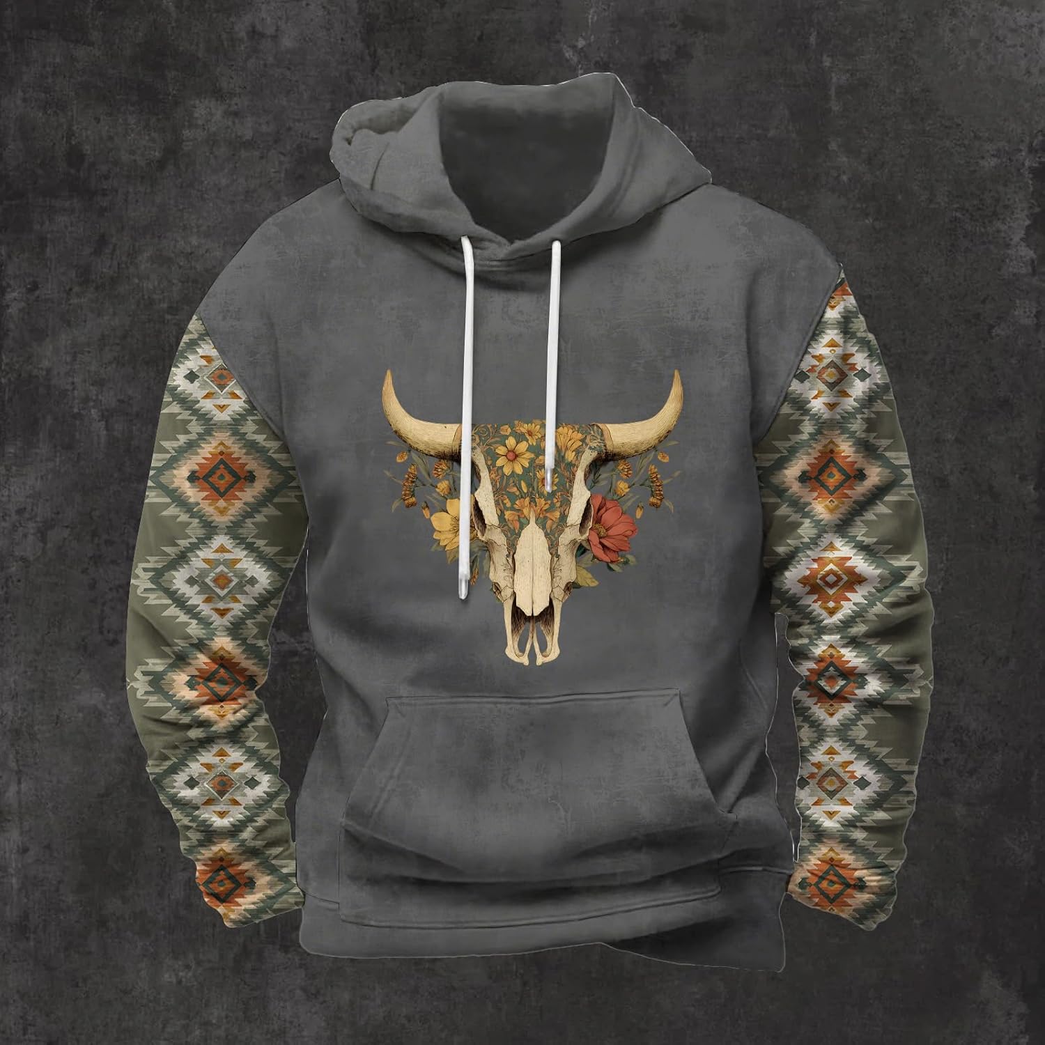 Classic Drawstring Hoodie for Men Classic Hooded Neck Long Floral Printed Sleeve Street Style Fall Sweatshirt with Kangaroo Pocket for Everydaywear - Image 2