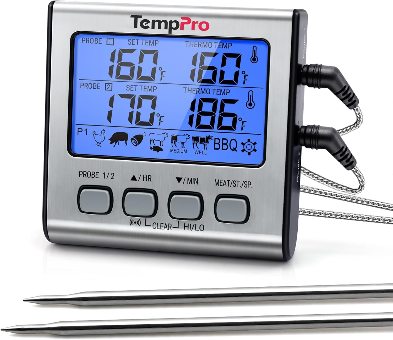 TempPro TP17 Dual Probe Digital Cooking Meat Thermometer Large LCD Backlight Food Grill Thermometer with Timer Mode for Smoker Kitchen Oven BBQ, Silver (Previously ThermoPro)