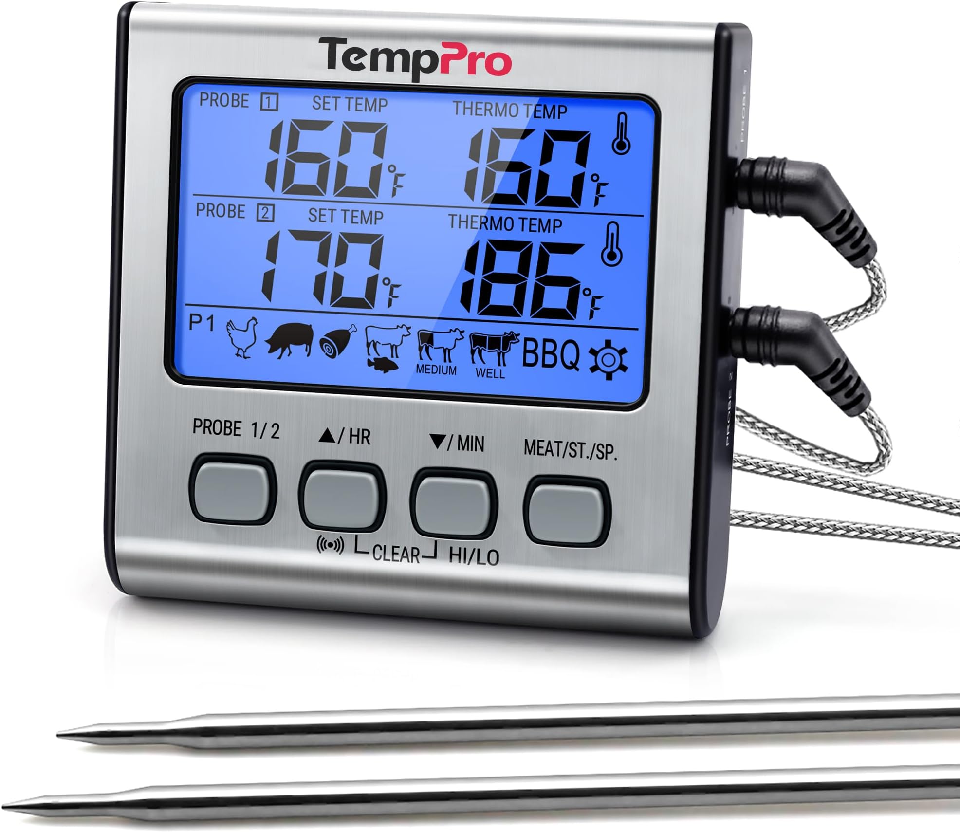 ThermoPro TP-17 Dual Probe Digital Cooking Meat Large LCD Backlight Food Grill Thermometer with Timer Mode for Smoker Kitchen Oven BBQ, Silver