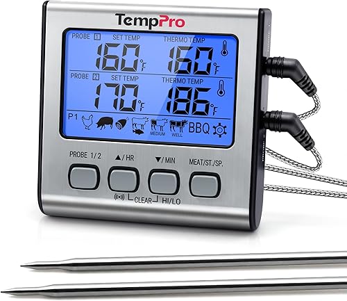 Termómetro digital ThermoPro TP17 de doble sonda para cocinar carne, gran pantalla retroiluminada LCD, termómetro con temporizador para ahumador,