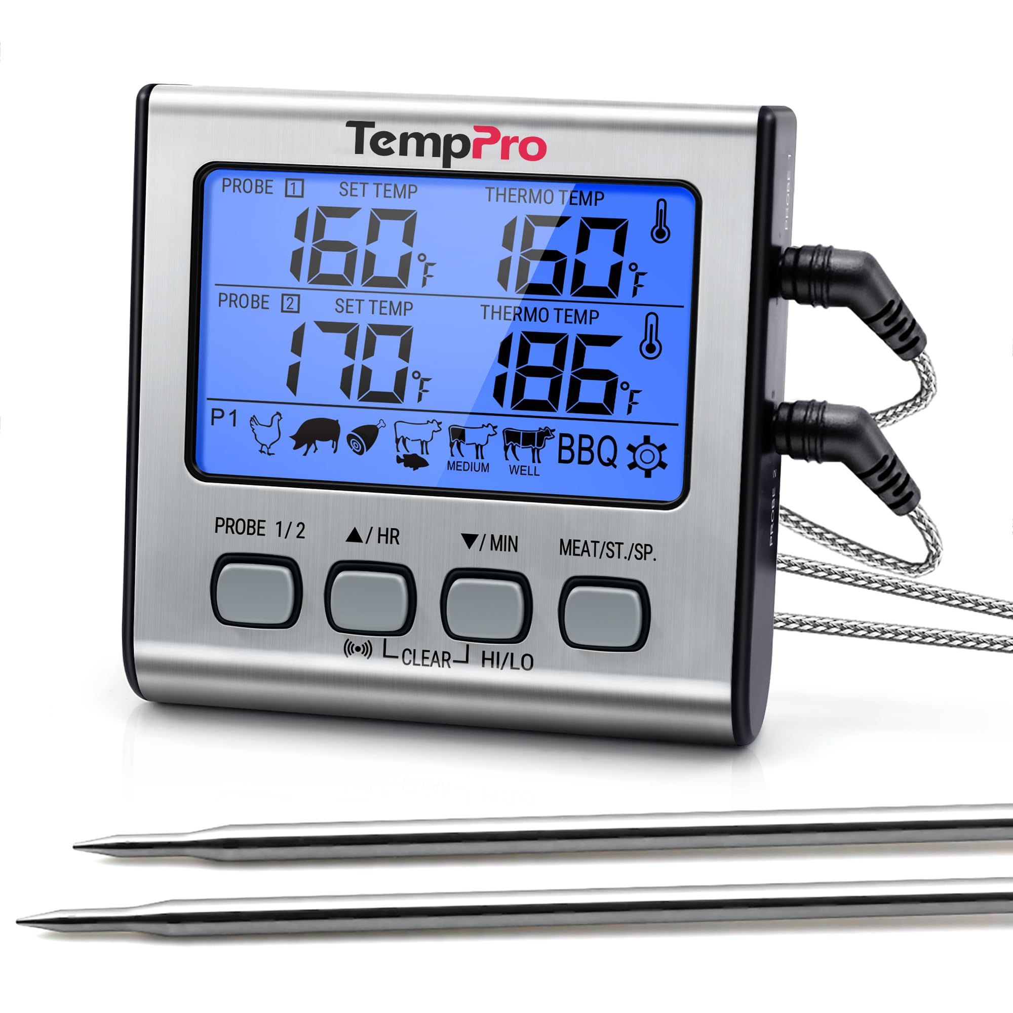 TempPro TP17 Dual Probe Digital Cooking Meat Thermometer Large LCD Backlight Food Grill Thermometer with Timer Mode for Smoker Kitchen Oven BBQ, Silver (Previously ThermoPro)