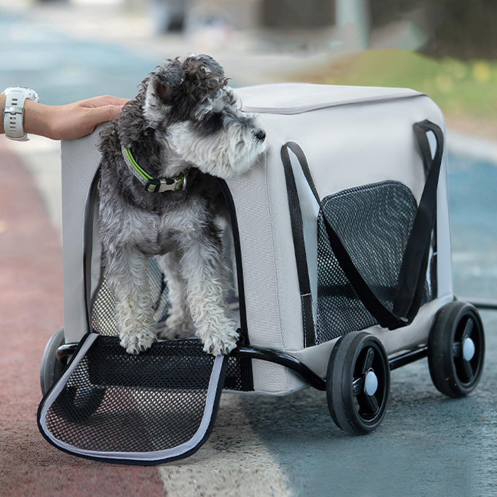 AMONIDA Transporter dla Psa z Kółkami Wszechstronny Wózek Spacerowy dla Małych Zwierząt Kompaktowy Podróżny materiał Oxford 4 Koła (GREY)