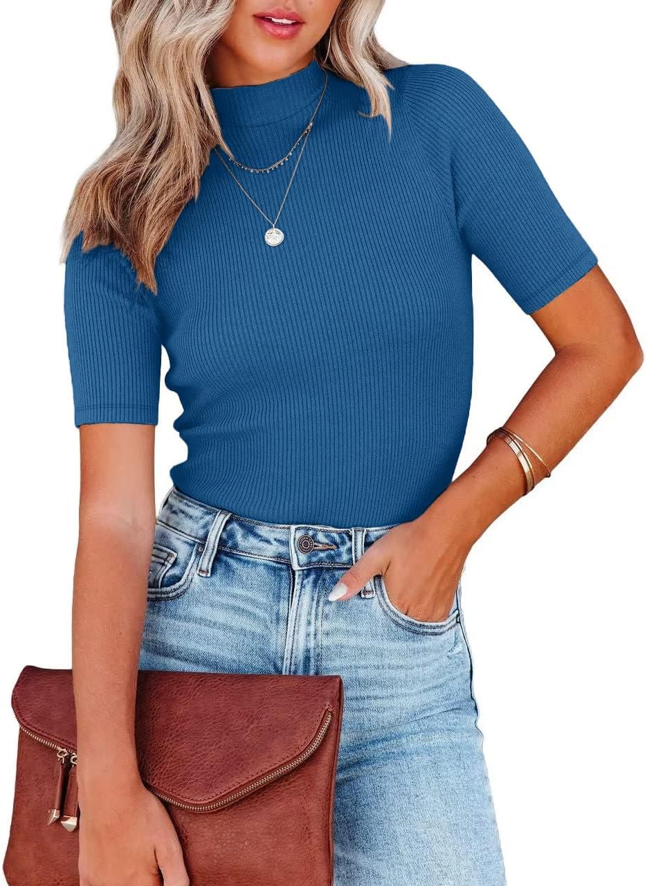 Women Tops Dressy Casual Mock Turtleneck Short Sleeve Ribbed Business Work Shirts Blouses