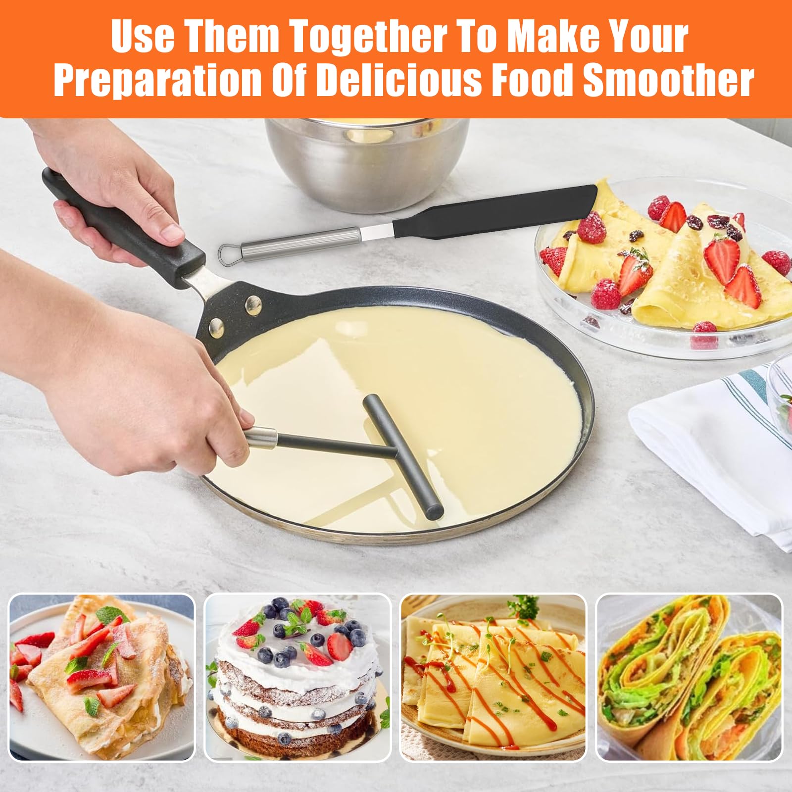 Crepes Distributore,2 Pezzi Accessori Crepes Set, Crepes Distributore e Spatola,Stendipasta in Aacciaio Inossidabile, Distributore Crepes, Set di Accessori per Casa Cucina Cottura Utensili da Forno
