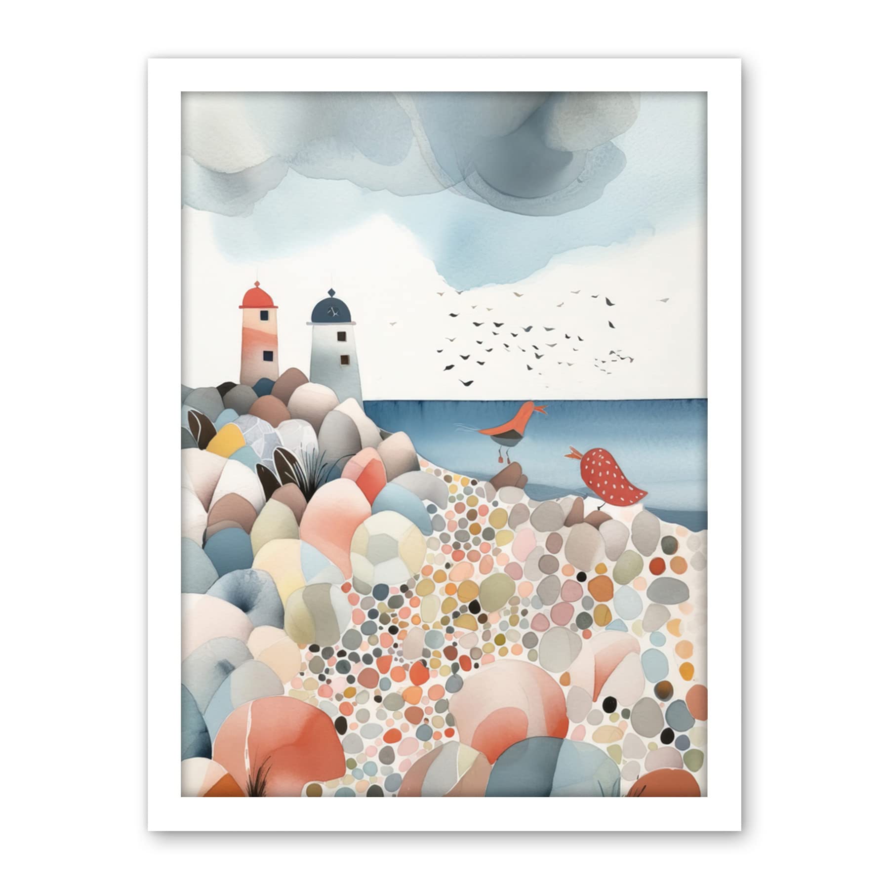 Artery8 Lighthouses On Multicoloured Pebble Beach Watercolour Painting Artwork Framed Wall Art Print 18X24 Inch