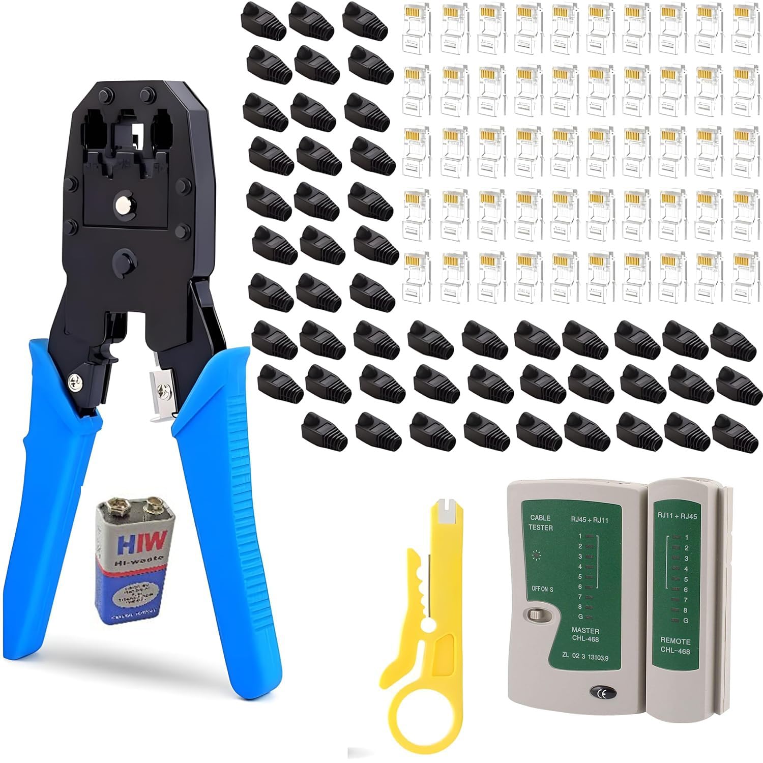 Inditrust All-in-One RJ45 Tool Kit – Crimping Tool with 50 Connectors, 50 Strain Relief Boots, LAN Tester, Cable Cutter & Battery