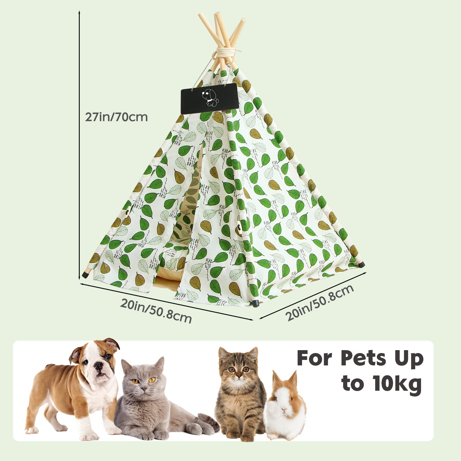 Tipi Cane Gatto di Comgagnia con Cuscino, Tenda Tipi di Lusso, Cuccia per Cane e Gatto Interno, Case per Gatto con Piccola Lavagna Nero (Green Leaf)