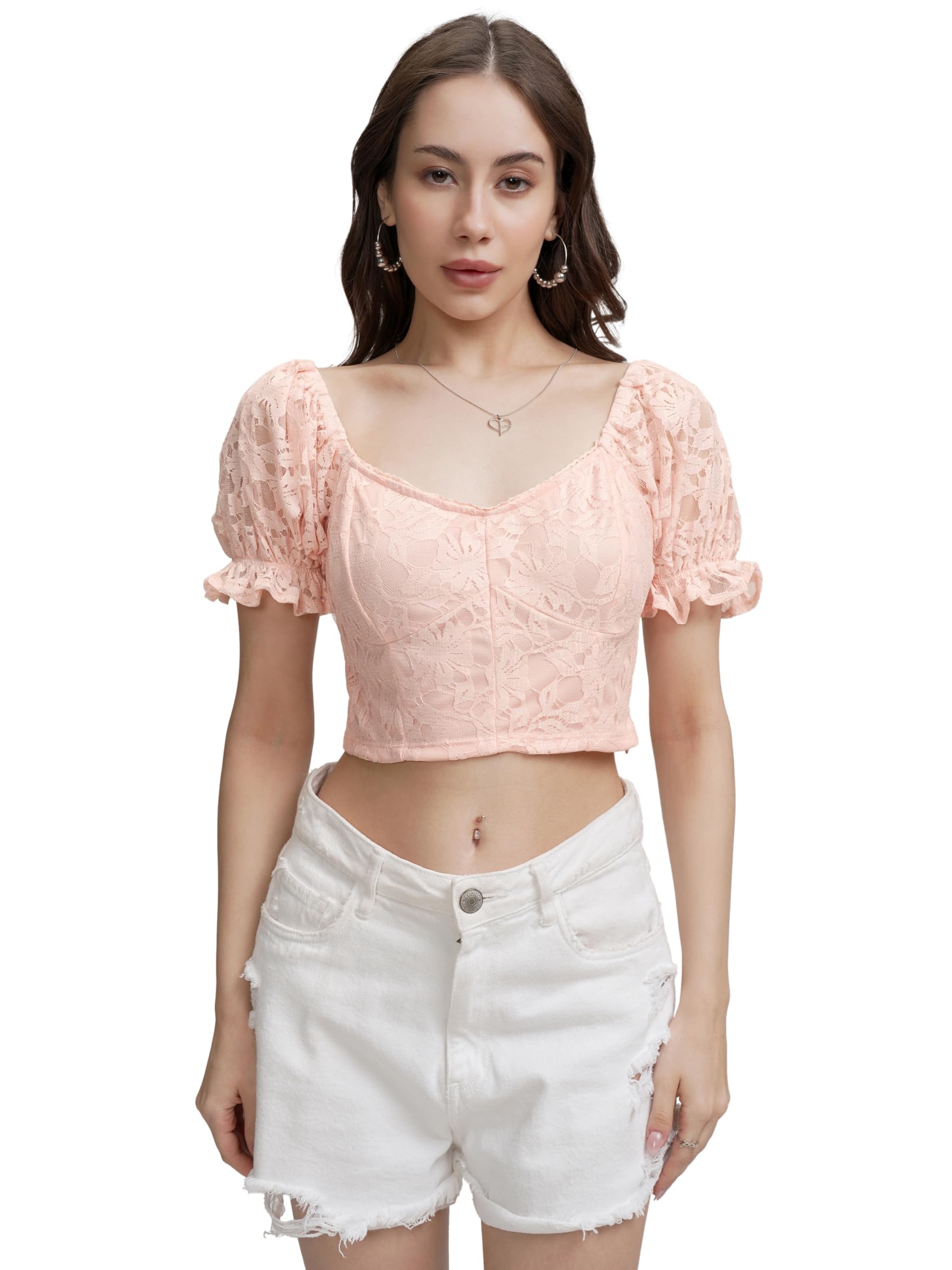 tokyo talkies Women's Self Design Print Crop Top | Square Neck | Bishop Sleeves | Chic & Feminine | Tops for Woman | Women Tops | Women Crop Top-picture-31