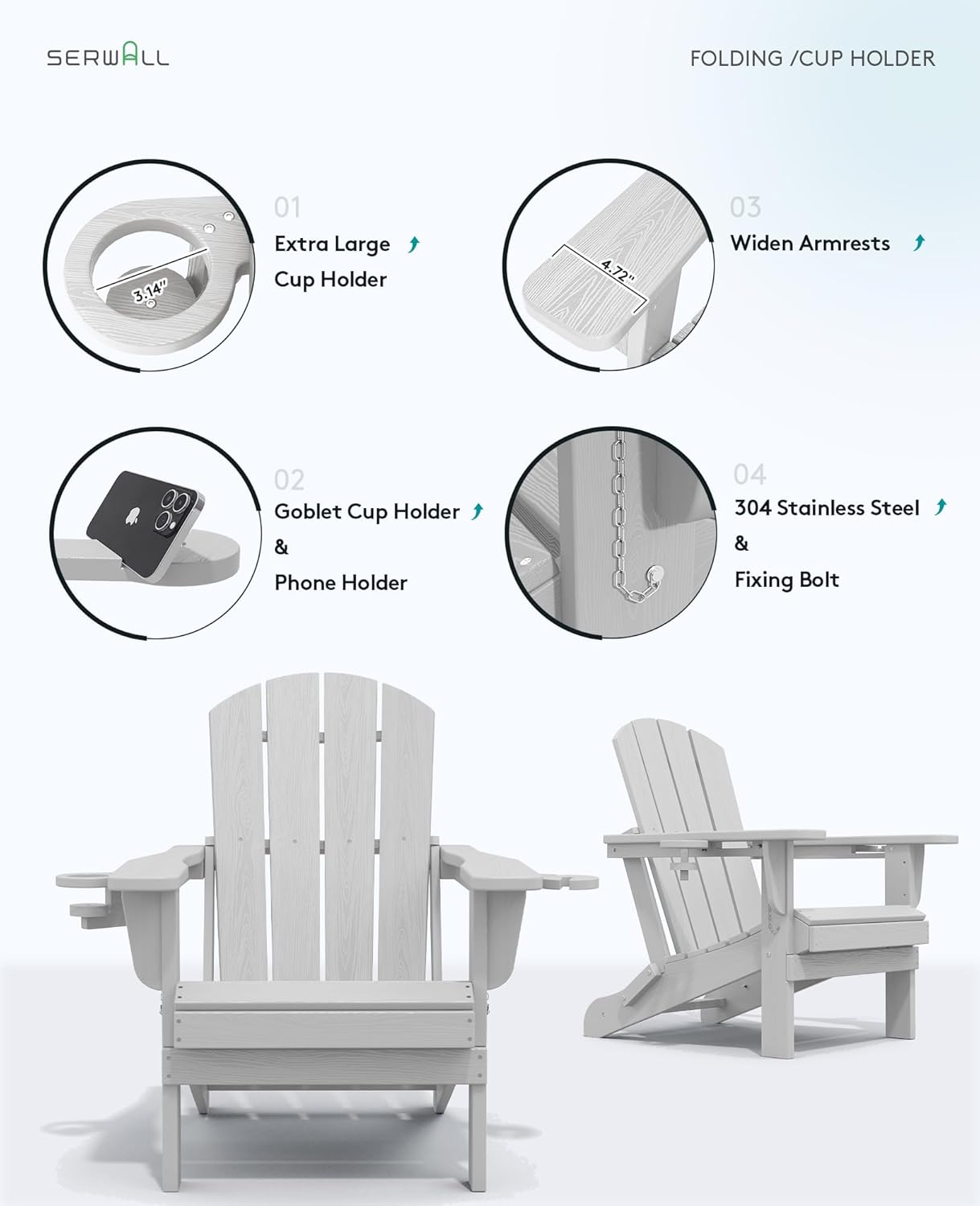 SERWALL Adirondack Chair with Cup Holders - Composite Adirondack Chairs Set of 2 HDPE Outdoor Chairs All Weather Use- Silver Gray
