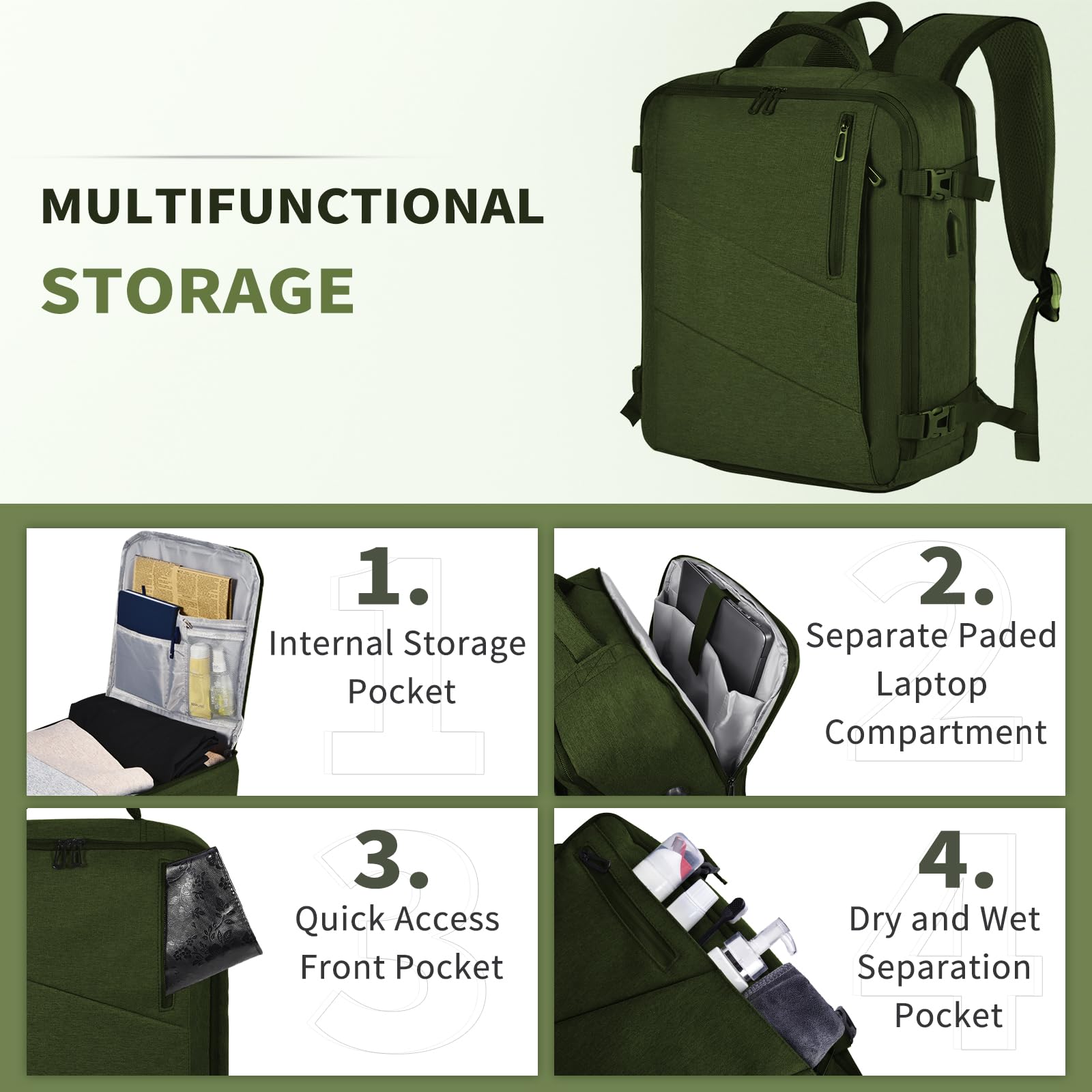 Leyrica Zaino da Viaggio per Easyjet 45x36x20, Bagaglio a Mano Borsone Cabina Zaino per Viaggiare in Aereo per Laptop Daypack Casual Zaino Università Zaino (Verde)