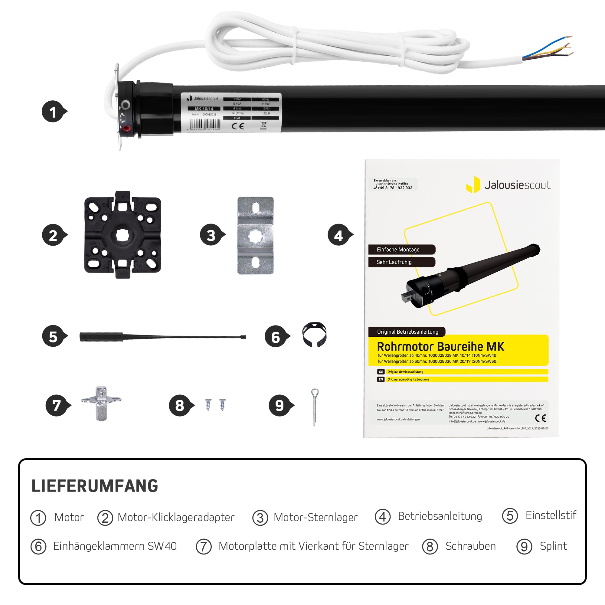 Jalousiescout Moteur de Volet Roulant Tubulaire MK 10/14 électromécanique 10 Nm, pour Arbre de Volet Roulant Octogonal de 40 mm (SW40), avec Fins de Course Mécaniques, Protection Contre La Surcharge
