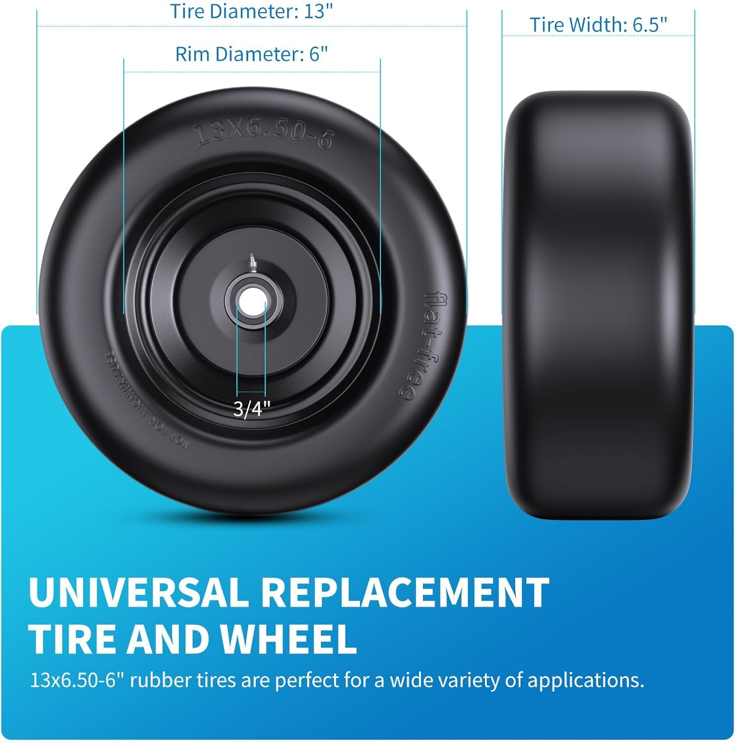13x6.50-6" flat free lawn mower tires, universal fit solid front tires for zero turn mowers, adjustable hub with 3/4" & 5/8" bearings for residential & commercial use, 2 pack 13x6.50-6(heavy duty)