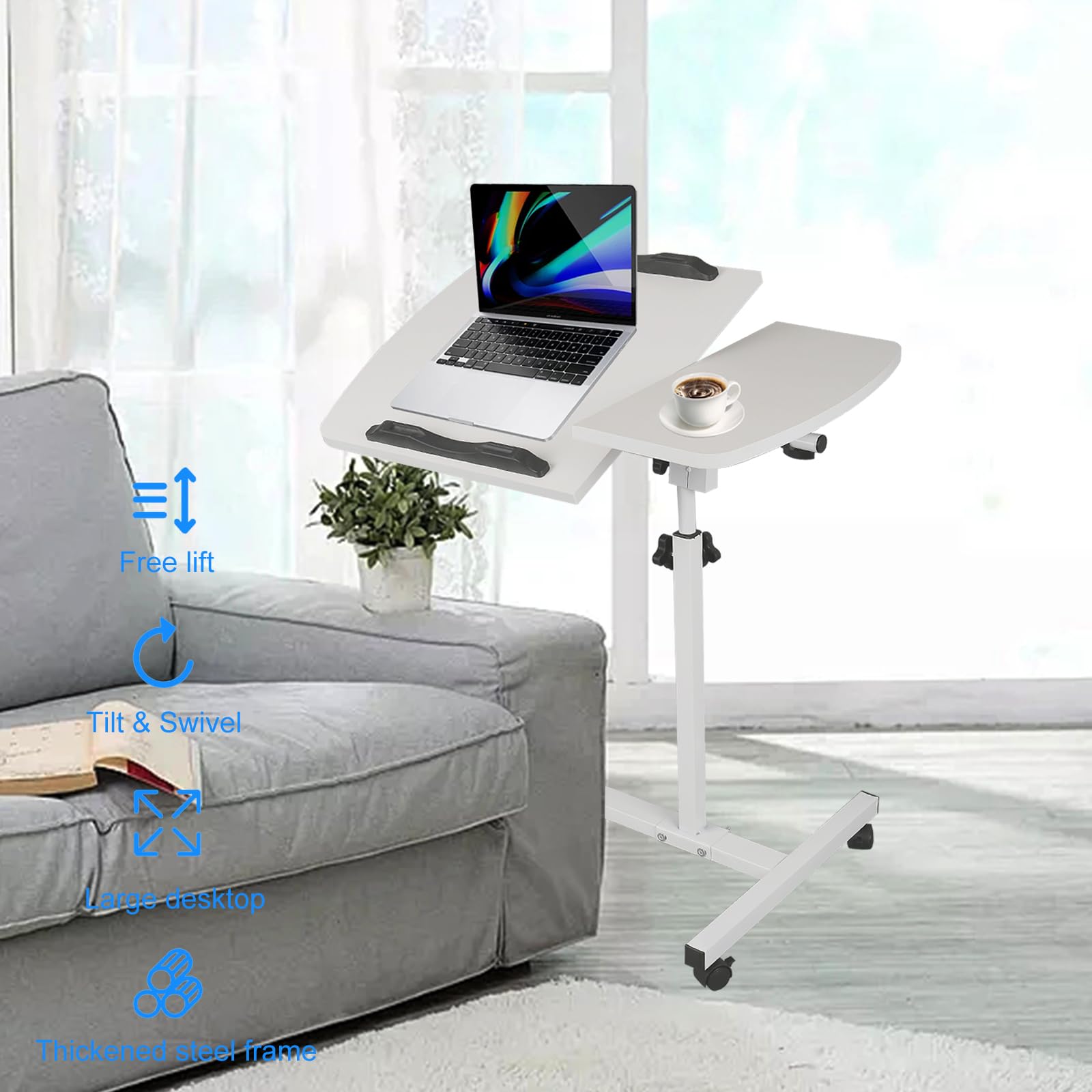kyaoayo Tavolo da letto regolabile in altezza, tavolo con ruote, tavolino a forma di C, tavolo ospedaliero per letto, ospedali, utilizzabile anche come tavolino da caffè e tavolo per computer.