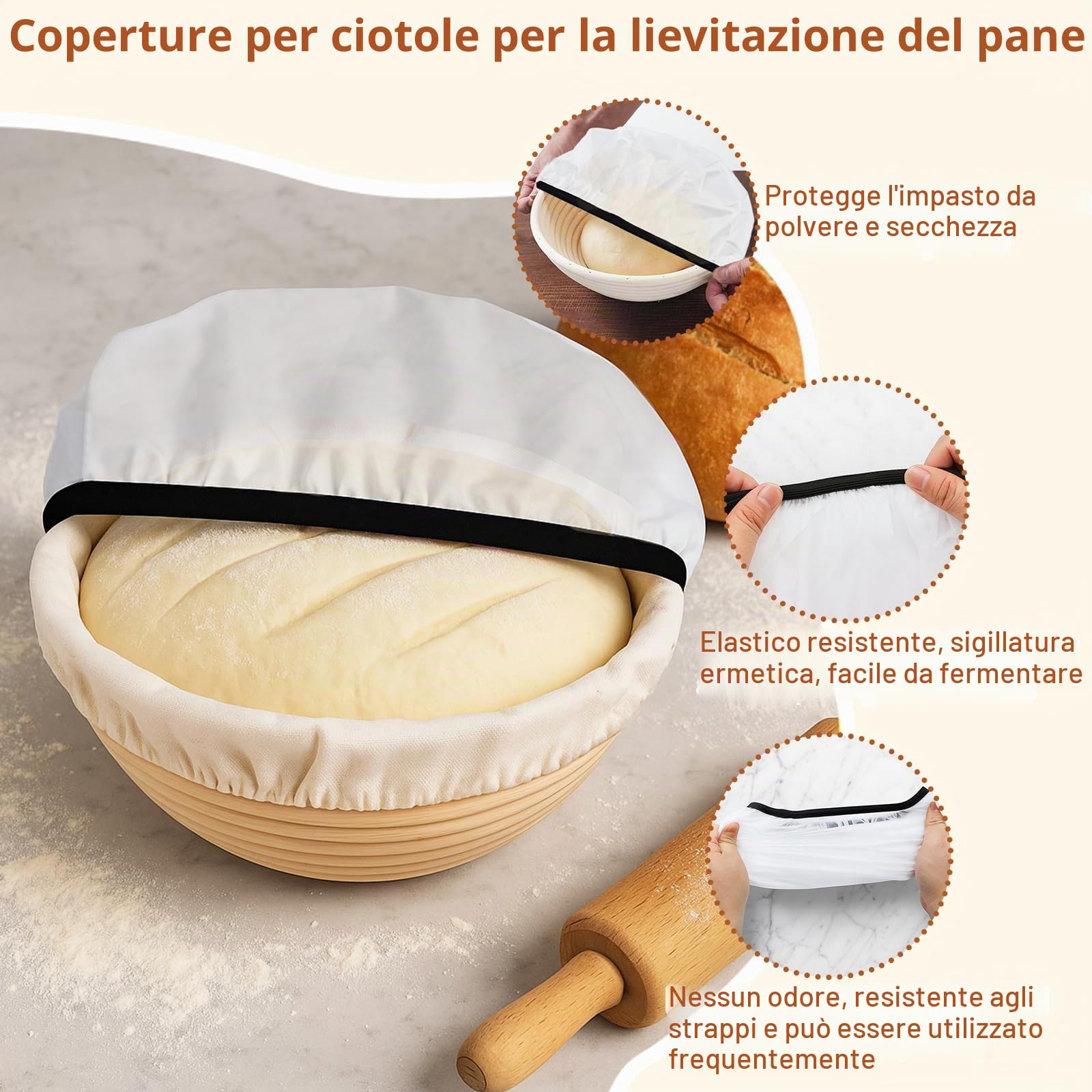 Kit Cestino Lievitazione Pane, Incl. Cestini Lievitazione Pane Rotondi 23cm & Ovale 25cm, Copertura per Impasto, Bread Lame, Tagliapasta Spatola, Pennello da Cucina - Kit Panificazione