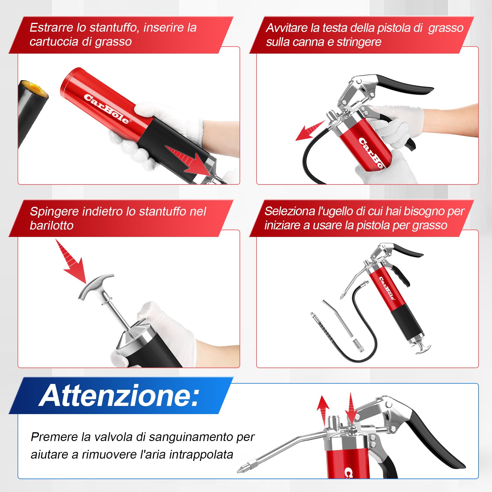CarBole Ingrassatore 8000PSI con G Grasso Pistola Accoppiatore,Pistole per Grasso,con 3 Tubi Flessibili e Tubo di Prolunga in Metallo,Quattro Tipi di Ugelli,Compatibile con Cartuccia da 400cc