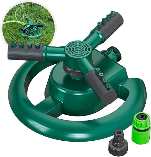 Rociadores para patio, rociador de agua, rociador de césped de rotación de 360 grados, 3 brazos ajustables, cobertura de área grande, rociadores