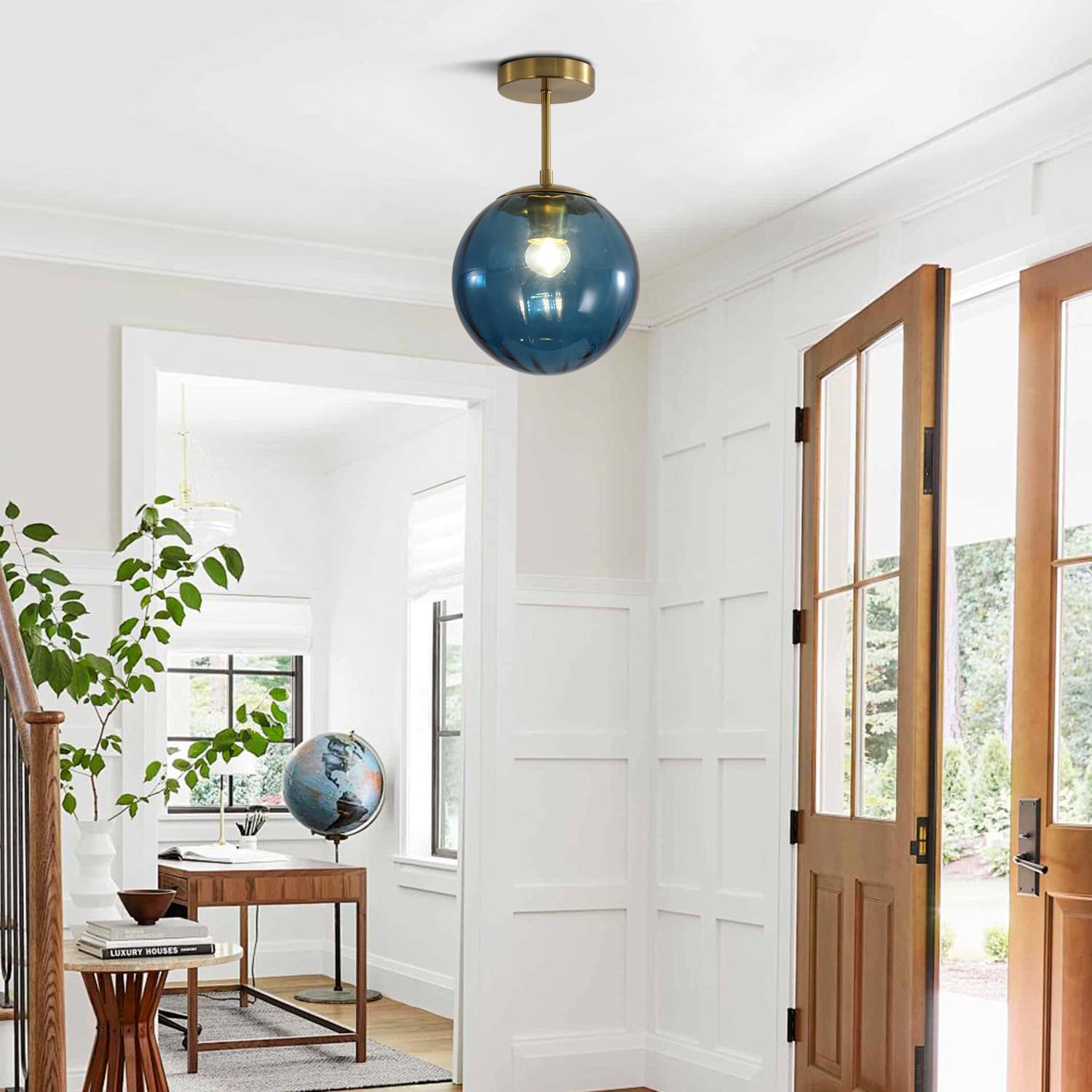 KCO Lighting Modern Large Globe Flush Mount Ceiling Light Vintage Blue Glass Semi Flush Mount Ceiling Light Mid Century Antique Brass Ceiling Light Fixtures for Hallway Porch Bathroom