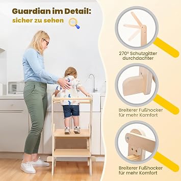 Foldable Learning Tower 1 to 3 Years Observation Tower for Children Montessori Learning Kitchen Aid Made of Natural Wood (Capacity 50 kg)
