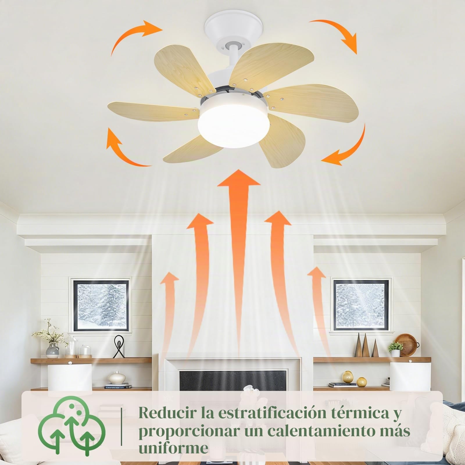 Homefire Ventilador de techo silencioso luz - Lámpara de sala de estar | Ø75 cm con aspecto de madera - Bombilla E27 - Ideal para verano/invierno para dormitorio, comedor o mesa
