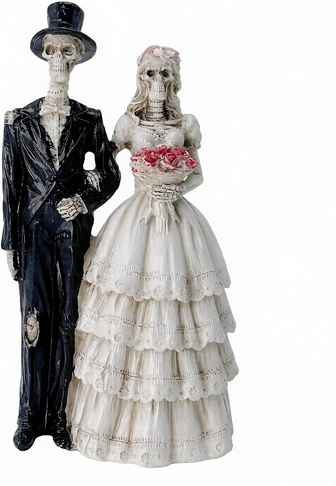 Gothic Skeleton Couple Figurine, Dark Romance Skull Newlyweds Resin Statue, Day of the Dead Bride and Groom Sculpture, Wedding Party Ornament for Home Bookshelf Tabletop Decoration