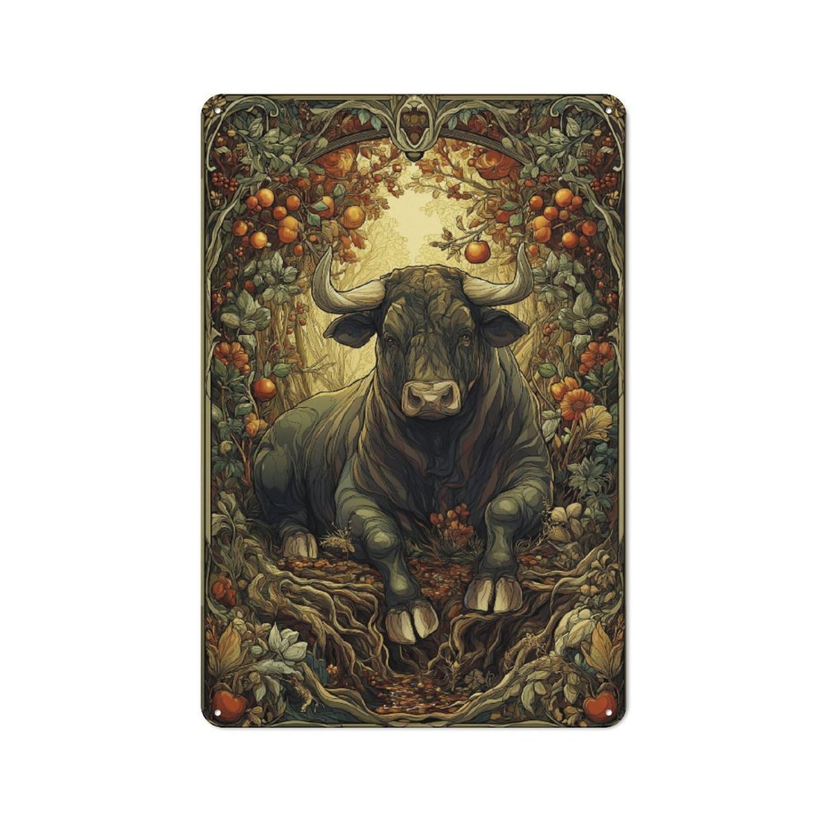 Junmoney Autumn Bull's Rest -1 Printed Metal Sign 30X20cm For Pub Or Café, With Clear Industrial Wall Decor Character
