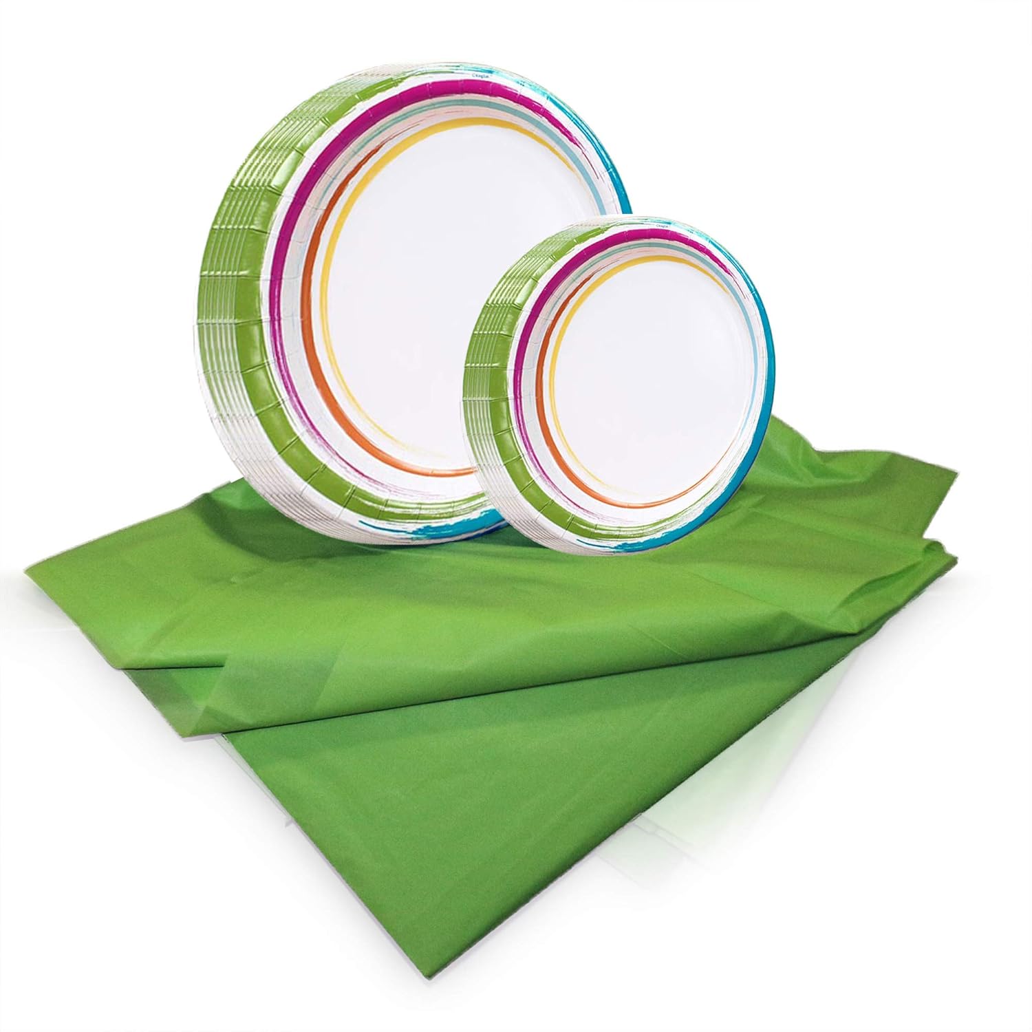 Tiger Chef Dazzling Dots Disposable Plate Paper Dinnerware Set for 48 Guest, Includes 48 10-inch and 7-in Paper Plates and 1 Plastic Tablecloth 54x108-in, Party Pack Tableware, Wedding, Birthdays