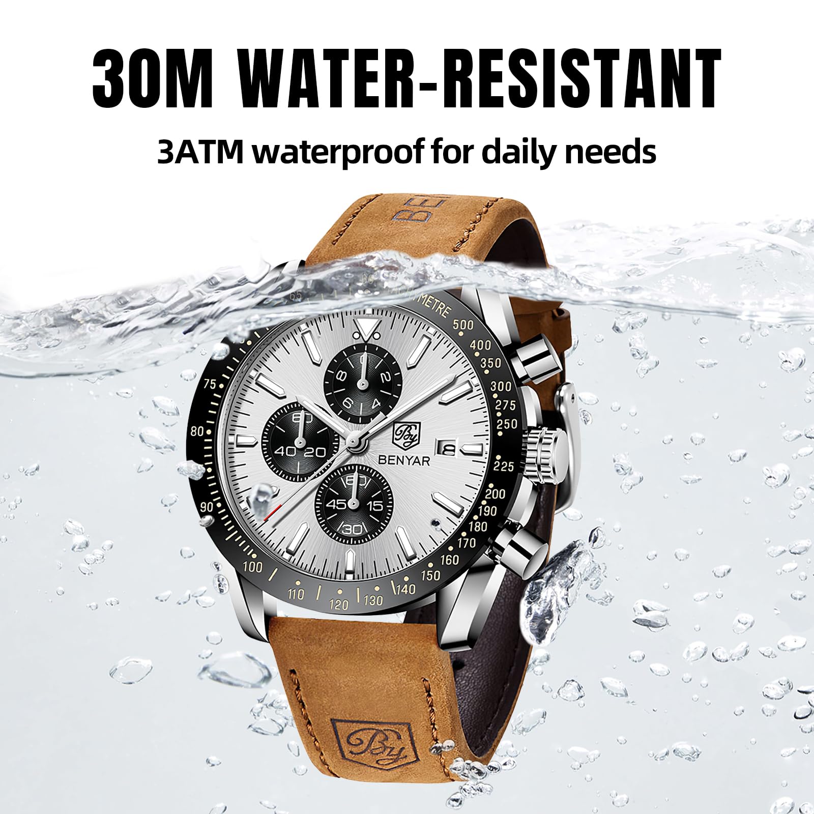BY BENYAR Orologio Uomo Cronografo Analogico al Quarzo Impermeabile Orologi Sportivo Moda Classico Elegante Orologio da Polso Uomo Cinturino Pelle/Acciaio