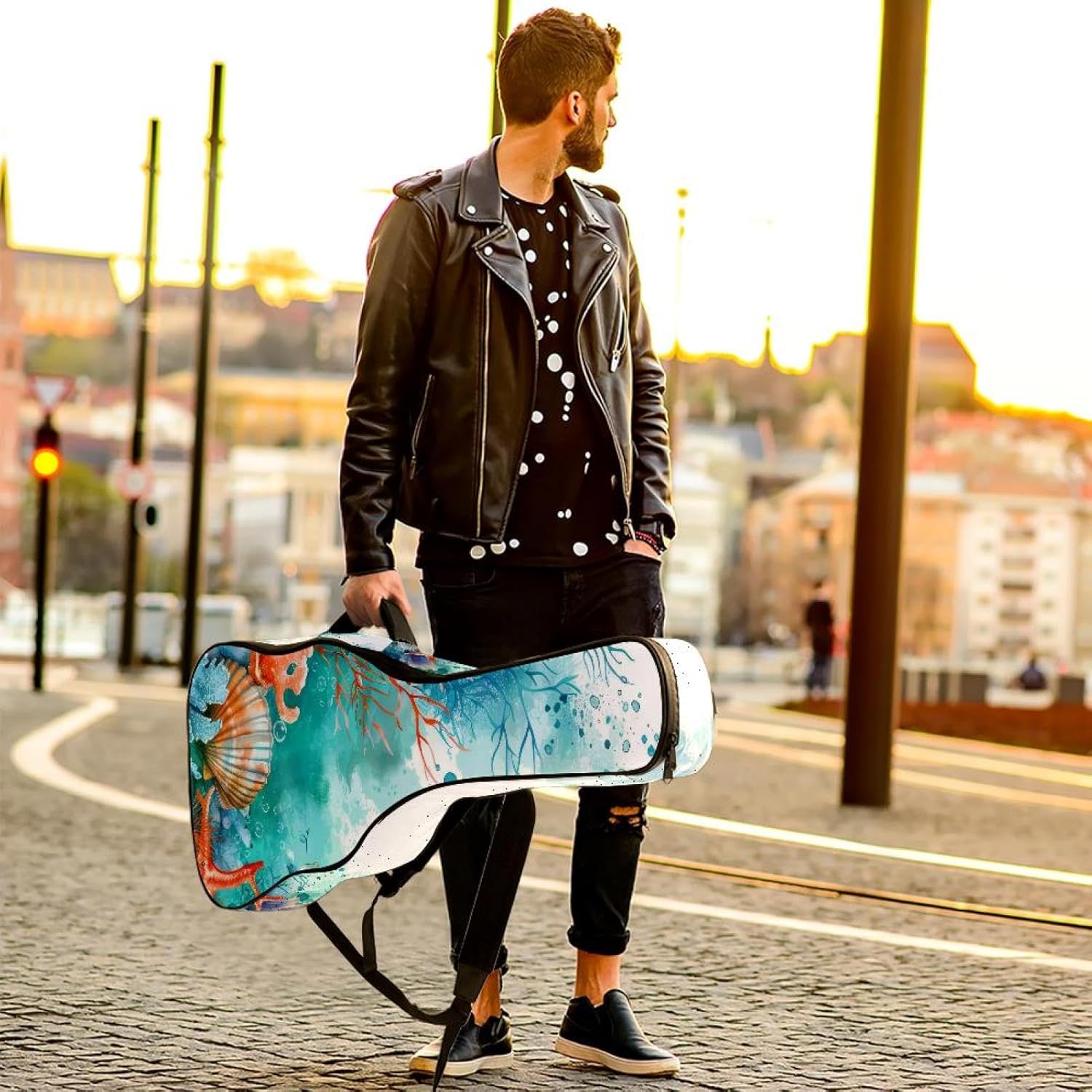 Acoustic Guitar Gig Bag 10mm Thick Padding, Soft Waterproof Guitar Case with Adjustable Backpack Straps for 40-42 Inch Guitar, Watercolor Sea Plants Shells Starfish Corals