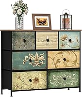Tohomeor 7-Drawer Fabric Dresser with Retro Floral Pattern, Rustic Wooden Top - Bedroom Chest for Nursery, Closet, Living Room TV Stand