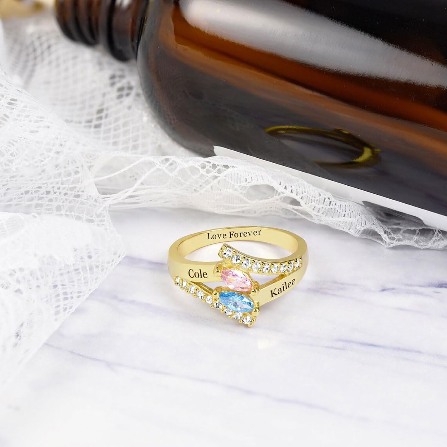 10K/14K/18K Gold Diamond Personalized Birthstone Rings for Women Custom 1-3 Names Infinity Promise Ring Engraved Engagement Ring for Mom Wife