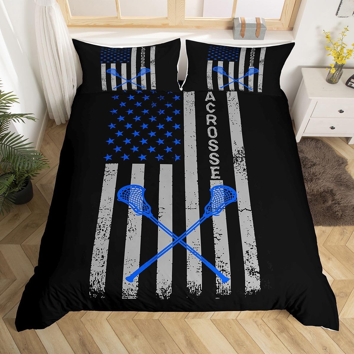 Erosebridal American Flag Duvet Cover for Kids Boys Girls,Lacrosse Bedding Set Queen,Gift for Lacrosse Player,Sports Game Comforter Cover,UAS Flag Bed Sets with 2 Pillowcases Lightweight