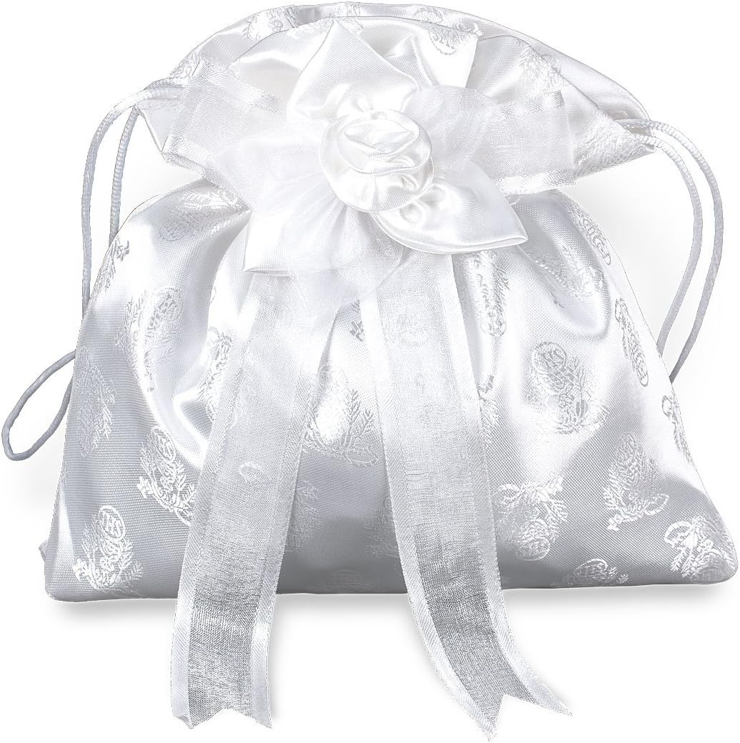 Girls First Communion White Purse with Bow and Cord Closure, 8 1/2 Inch