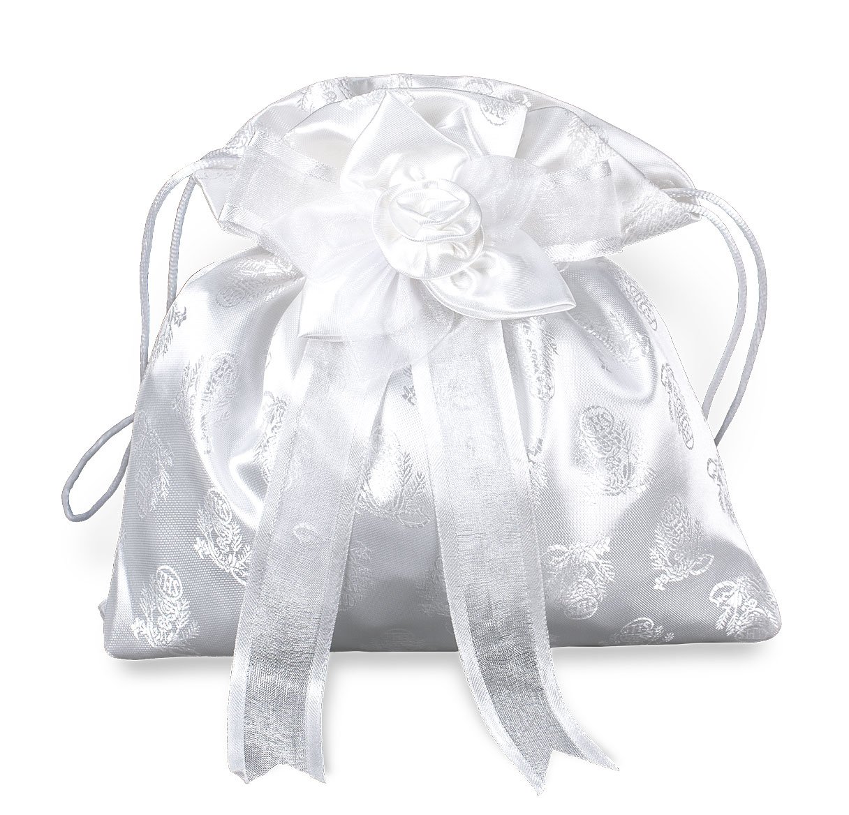 Girls First Communion White Purse with Bow and Cord Closure, 8 1/2 Inch