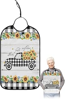 BOBOWUNY Sunflower Adult Bibs for Elder Women Men Eating, Black White Plaid Truck Spring Floral Wood Waterproof & Washable Bibs for Eating Clothing Protector Dining Bibs for Crumb Catcher