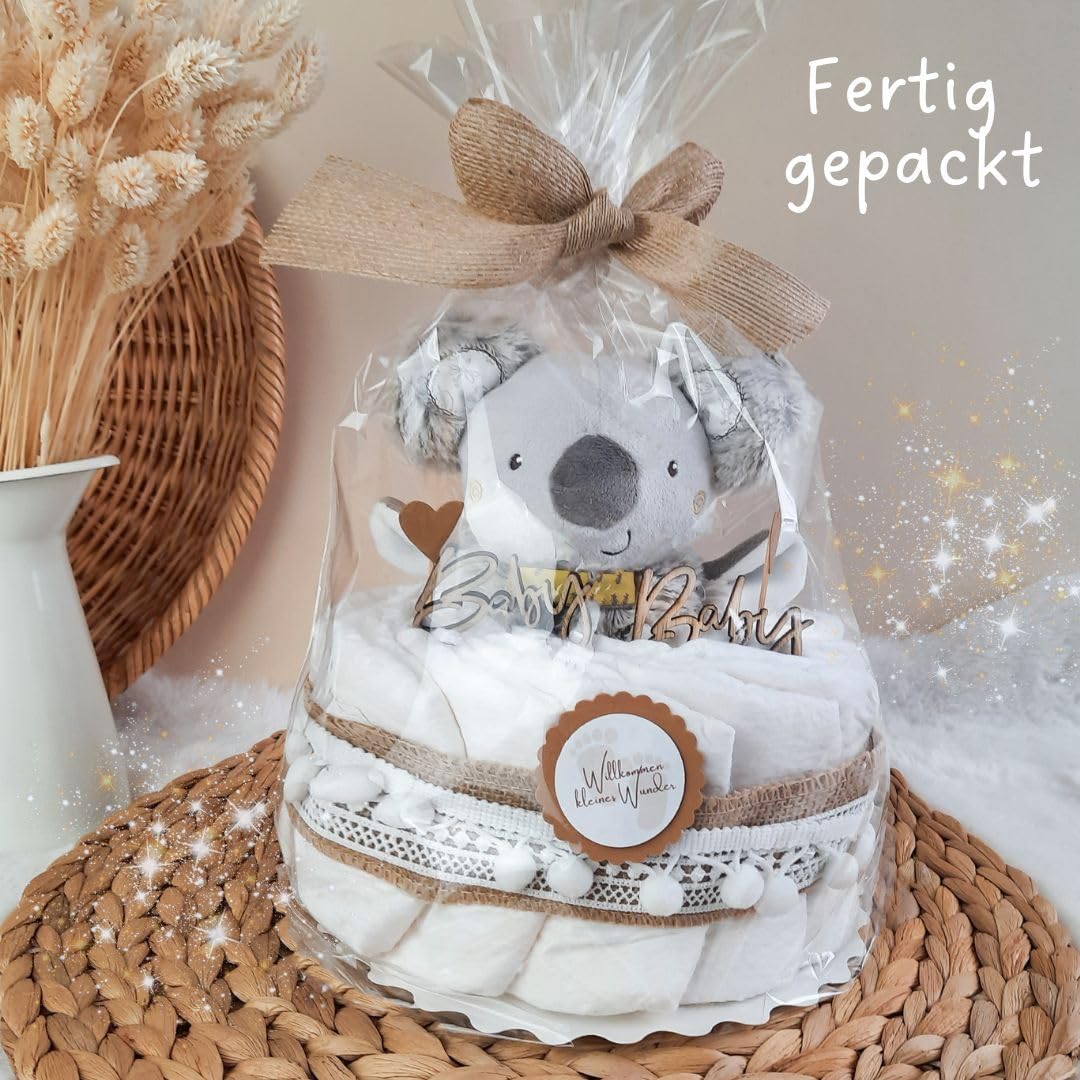Windeltorte klein mit Kuscheltier Boho Vintage Stil | Geschenk zur Geburt | Made in Germany | mit Premium Windeln & schönem Zubehör | Baby Geschenk | Geschenke zur Geburt