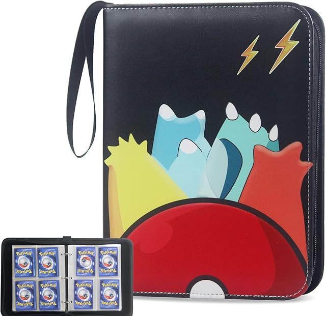 For Pokemon Cards Binder Folder 4-Pocket with 50 Removable Sleeves Capacity 400 Trading Card Albums Kids Collectible Display Carrying Cases Gift (black 400)