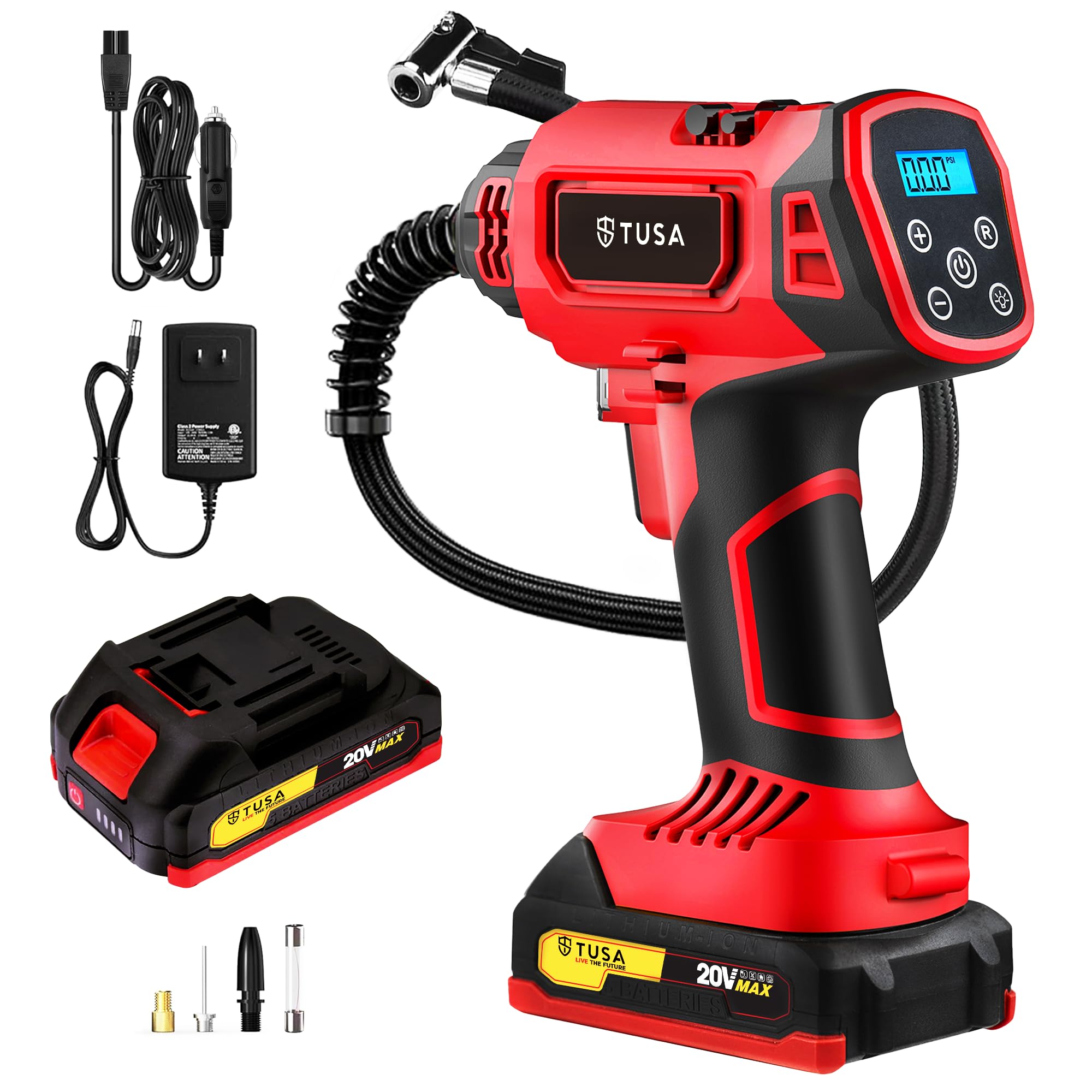 Tusa plastic Tyre Inflator for Cars & Bikes - 2X Faster Inflation - 6000mAH Rechargable 20V Battery Powered Air Compressor - 12V DC Adapter - Digital Display - 150PSI-image-25
