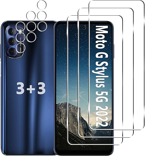 Paquete de 3 + 3 protectores de pantalla para Moto G Stylus 5G 2022 + protector de lente de cámara, vidrio templado 9H, antiarañazos, fácil