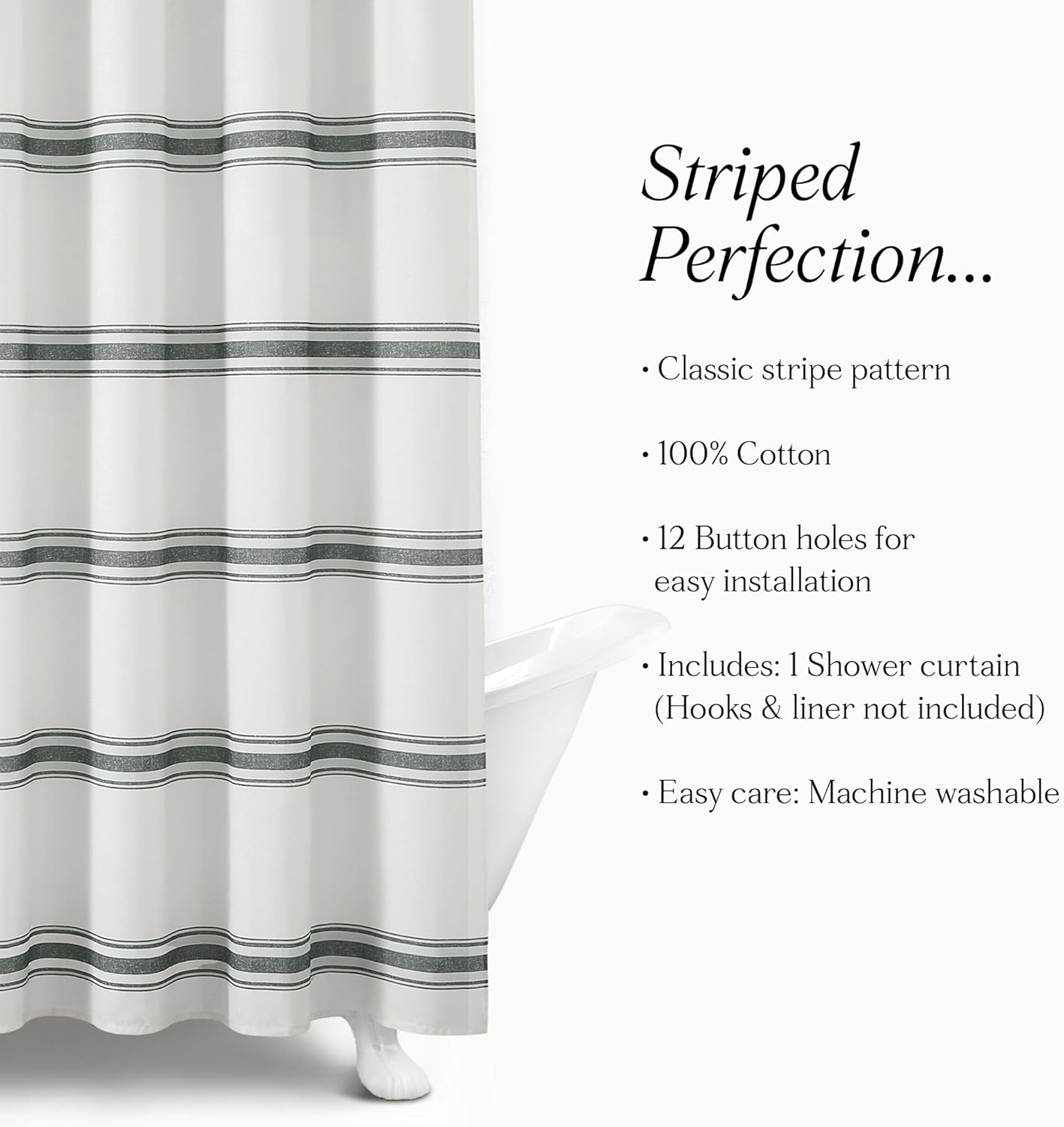 Lush Decor Farmhouse Stripe Cotton Shower Curtain, 72" W x 72" L, Dark Gray - Striped Bathroom Curtain - Fabric Shower Curtains - Farmhouse Bathroom Decor