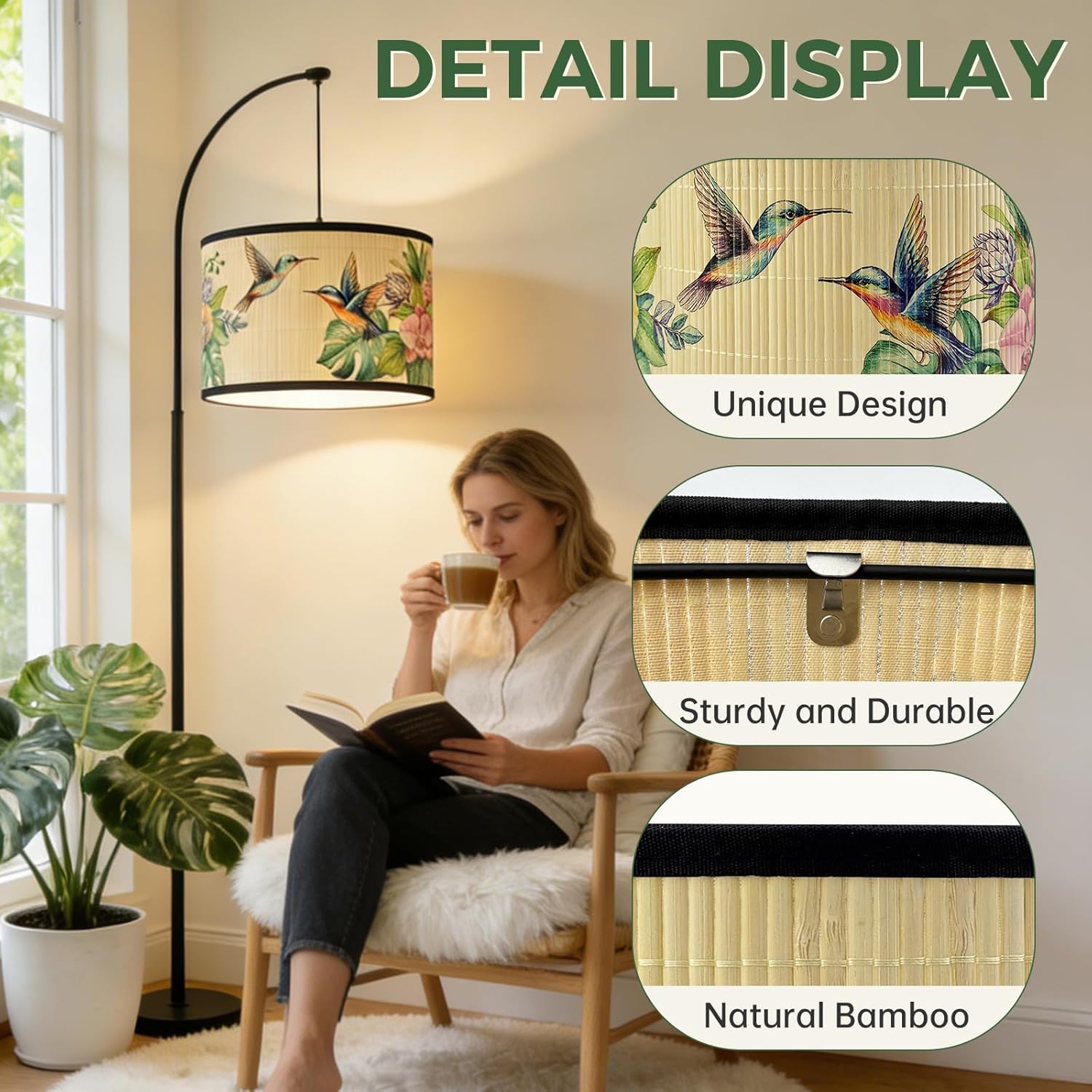 Bamboo Shades，E27 11.8×11.8×7.9inch Bamboo Lampshade,Featuring Tropical Motifs and Floral-Bird Designs.For Replacing Lampshades on Chandeliers and Floor Lamps.