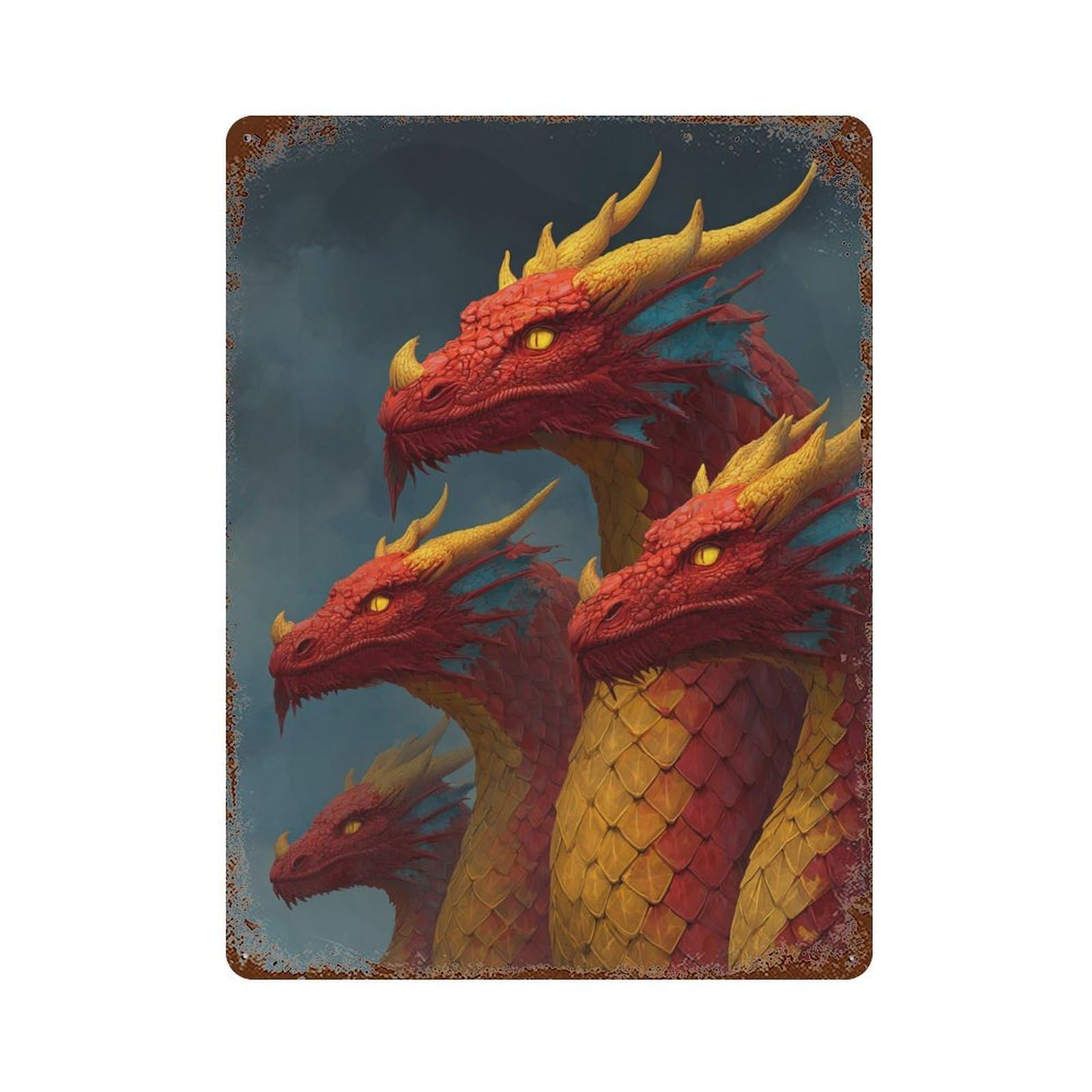 Four-headed Fire Dragon Fantasy Artwork Rustic Tin Plaque 15.7"x11.8", Ideal for Shed, Workshop And Garage Wall Decor