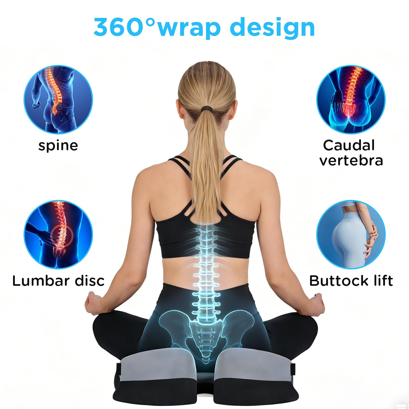 Cojín Silla Oficina para Aliviar Dolor de Coxis y Ciática, Cojín Ortopédico de Espuma Viscoelástica, Base Antideslizante, Soporte Ergonómico Cadera y Espalda para Oficina y Coche