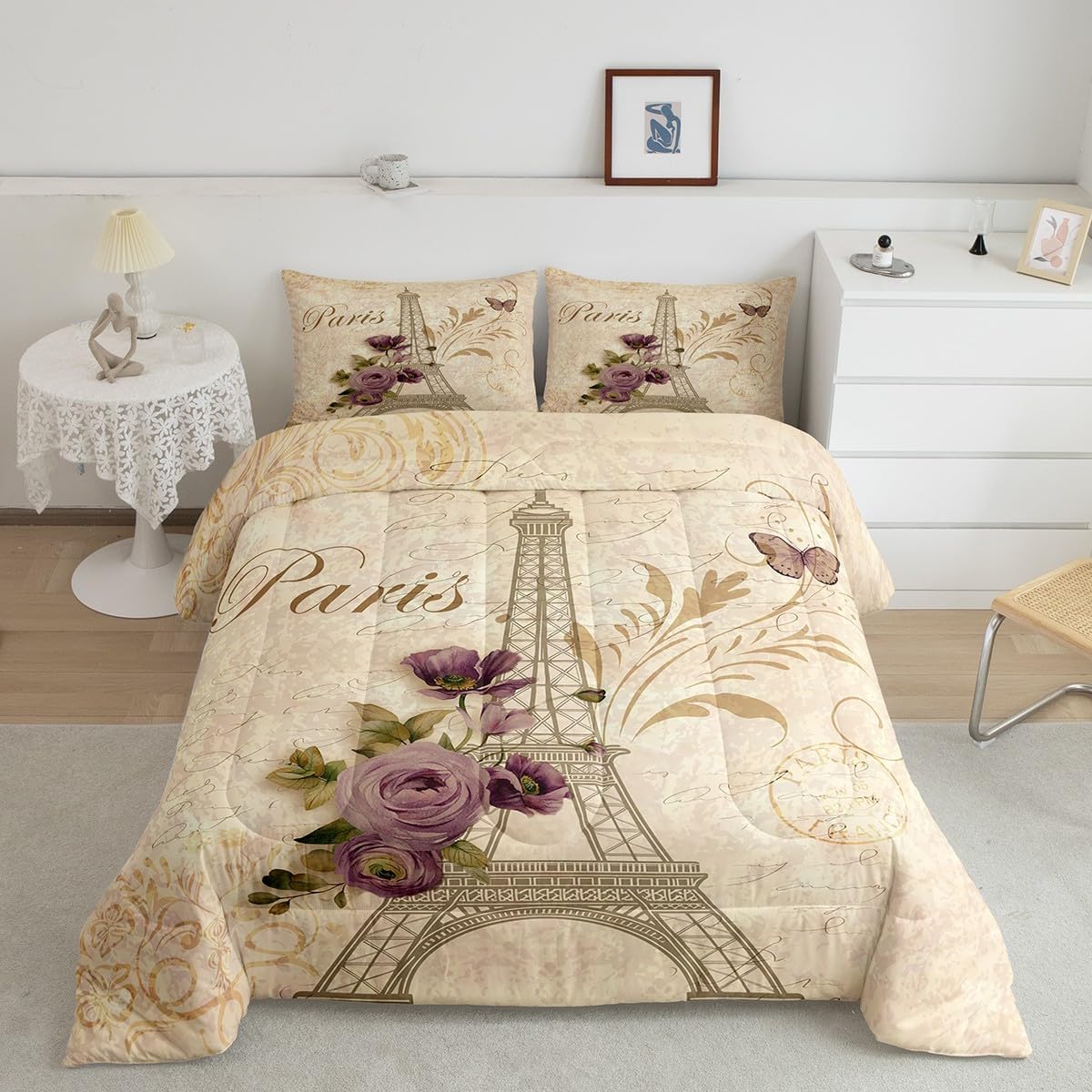 Homewish Eiffel Tower Full Size Comforter Set,Purple Rose Bedding Set for Adults Teens,Children Romantic Paris Comforter Luxury Retro Style Quilt Set Room Decor 3Pcs