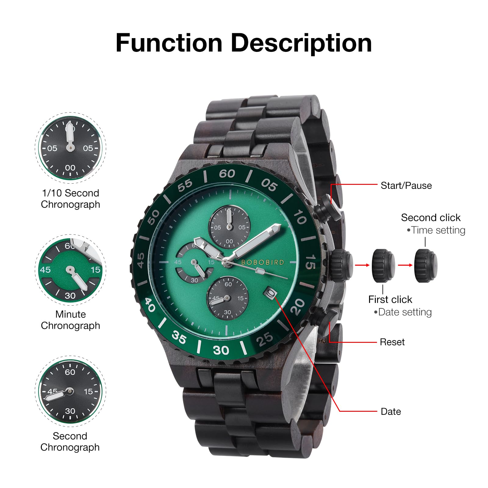 BOBO BIRD Orologio da uomo in legno, cronografo, al quarzo, con datario, quadrante grande 43 mm, lancette luminose, orologio da polso in legno naturale e acciaio inossidabile, regalo per lui