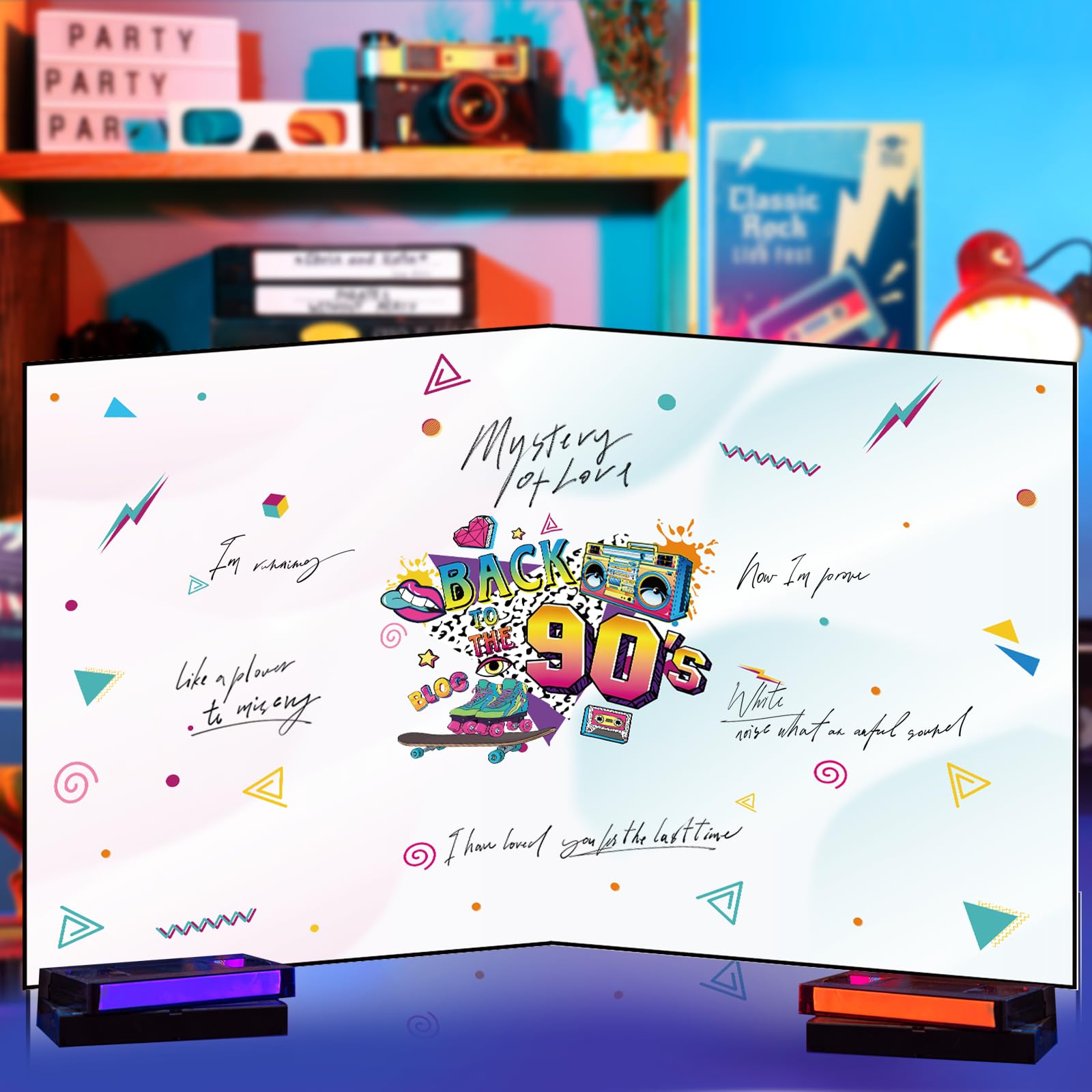 Decoraciones de fiesta de los años 90, tarjetas de felicitación con el tema de los años 90, libro de invitados con texto en inglés "I love 90's, decoración divertida de los años 90 para tablero de